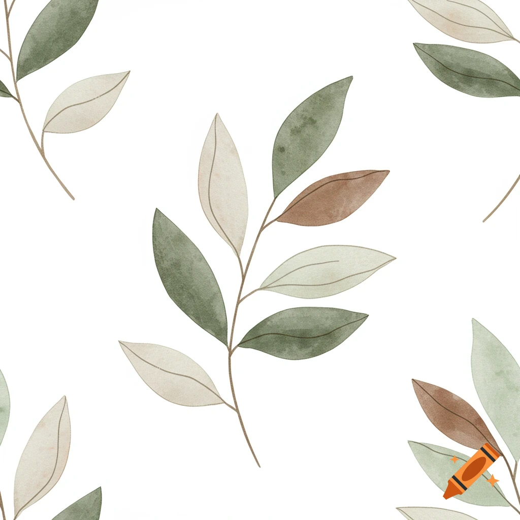 Seamless watercolor pattern of stylized leaves in muted earth tones on a white background.