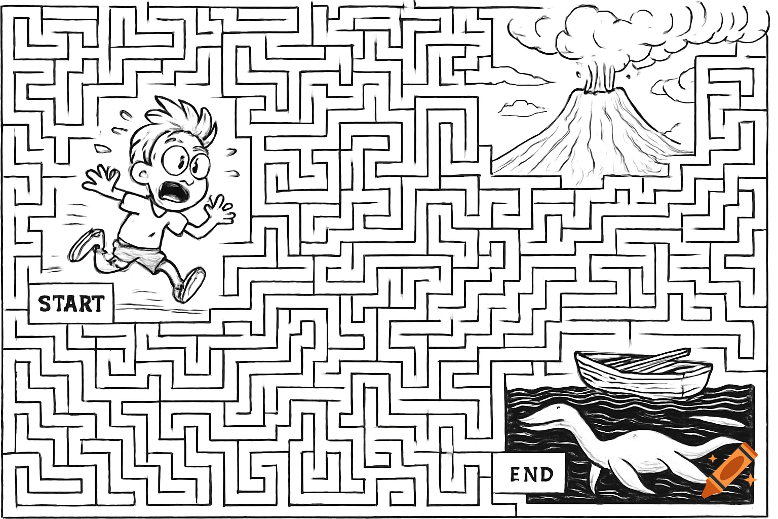 Black and white line art maze with a scared boy at 'START', a volcano, and a boat with a marine reptile at 'END'.