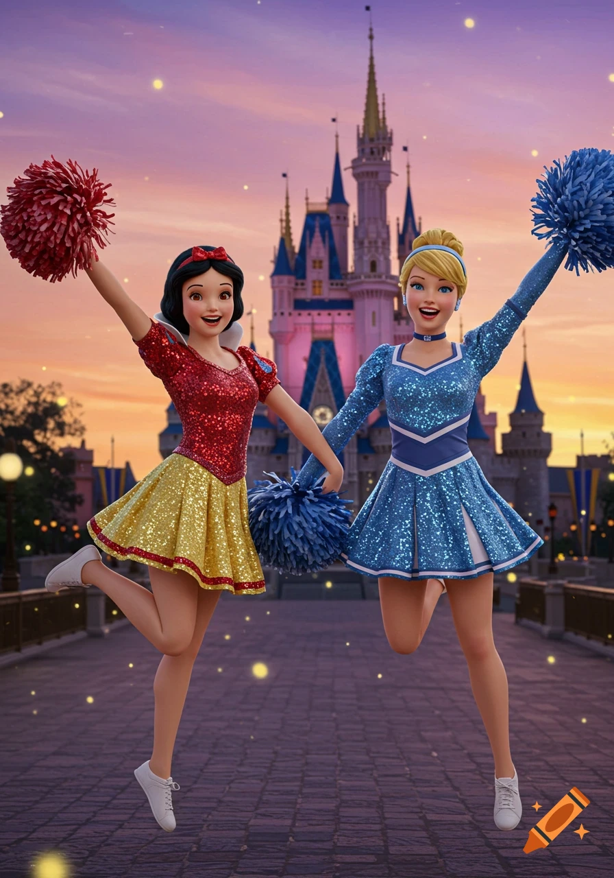 Snow White and Cinderella in sparkling cheerleader outfits jump with pom-poms in front of a pink and blue Disney castle at sunset.