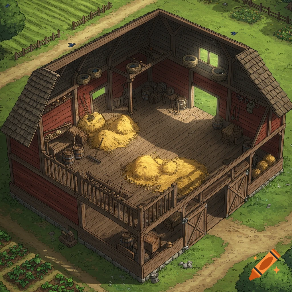 Isometric top-down RPG map of a red barn with hay bales, barrels, and tools, surrounded by green fields and dirt paths.