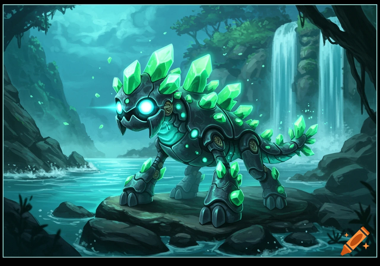 A vibrant, mechanical creature made of dark metal and glowing green crystals stands on rocks by a river with waterfalls and lush greenery.