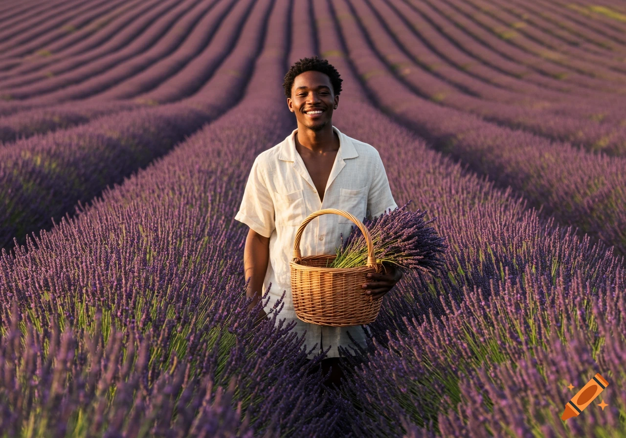A smiling Black man stands in a vast purple lavender field, holding a basket of cut lavender. Photorealistic.