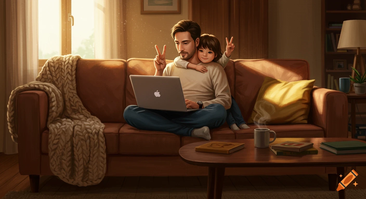 A father sits on a brown sofa, working on his laptop, while his child hugs him from behind and makes peace signs. Warm light fills the cozy living room.