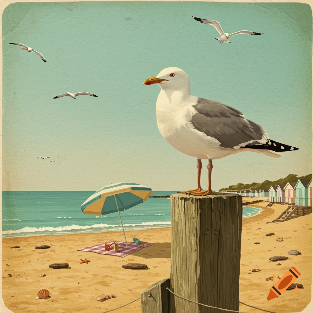 A vintage illustration of a large seagull standing on a wooden post at a beach, with an umbrella and colorful huts.