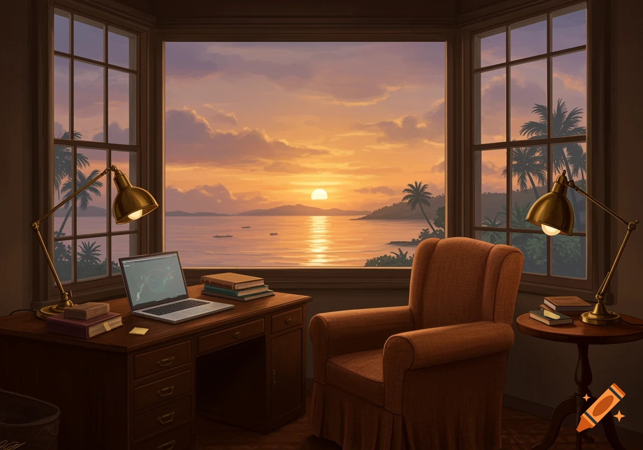 Cozy room with a bay window view of a vibrant sunset over a tropical bay. Desk with laptop, books, and armchair.