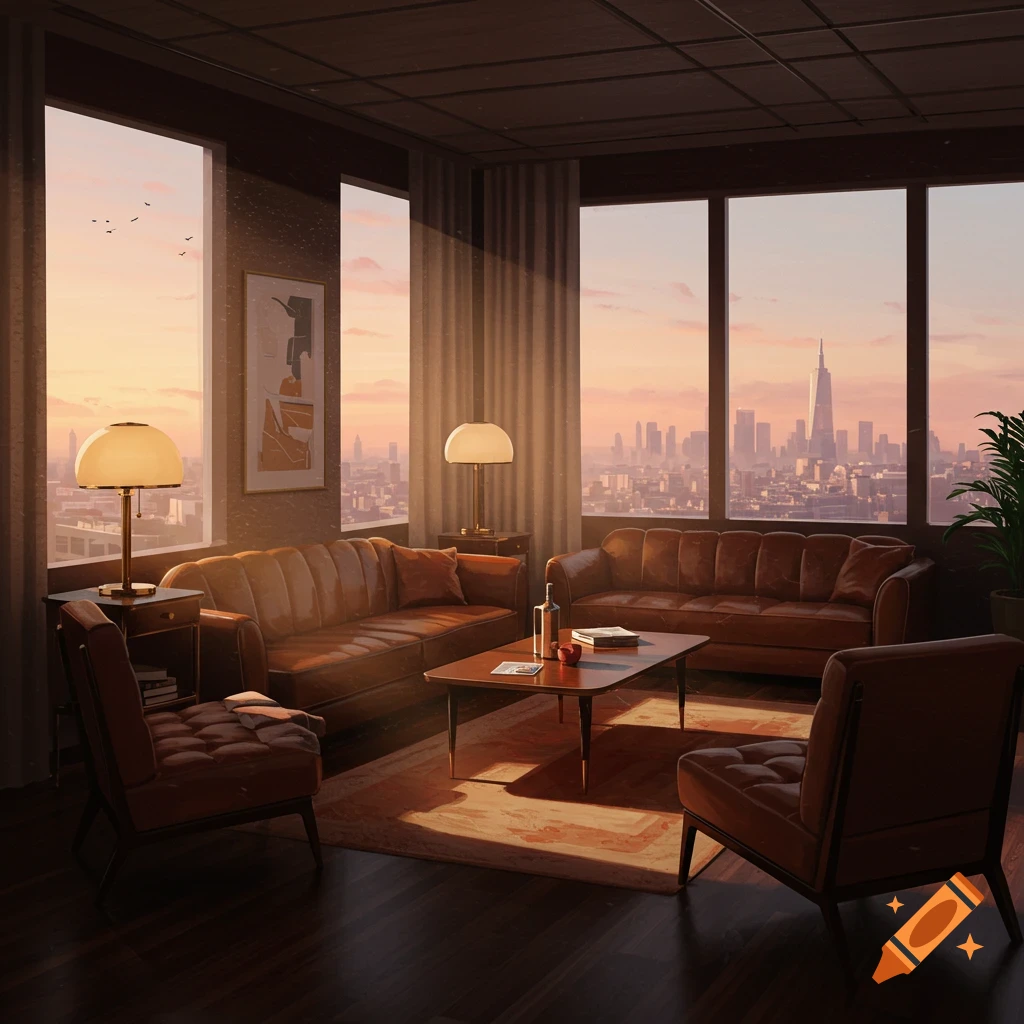 A midcentury modern lounge with brown leather sofas and chairs, overlooking a city skyline at dawn from large windows.