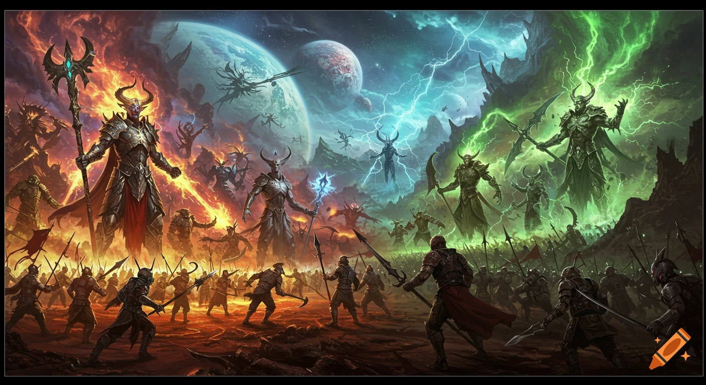 Epic fantasy battle between horned alien deities and their armies on a barren battlefield with colliding planets in the sky.