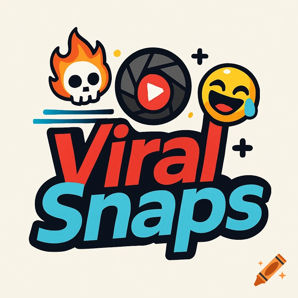 A vibrant logo for 'ViralSnaps' featuring a flaming skull, camera shutter, and laughing emoji above bold red 'Viral' and blue 'Snaps' text.