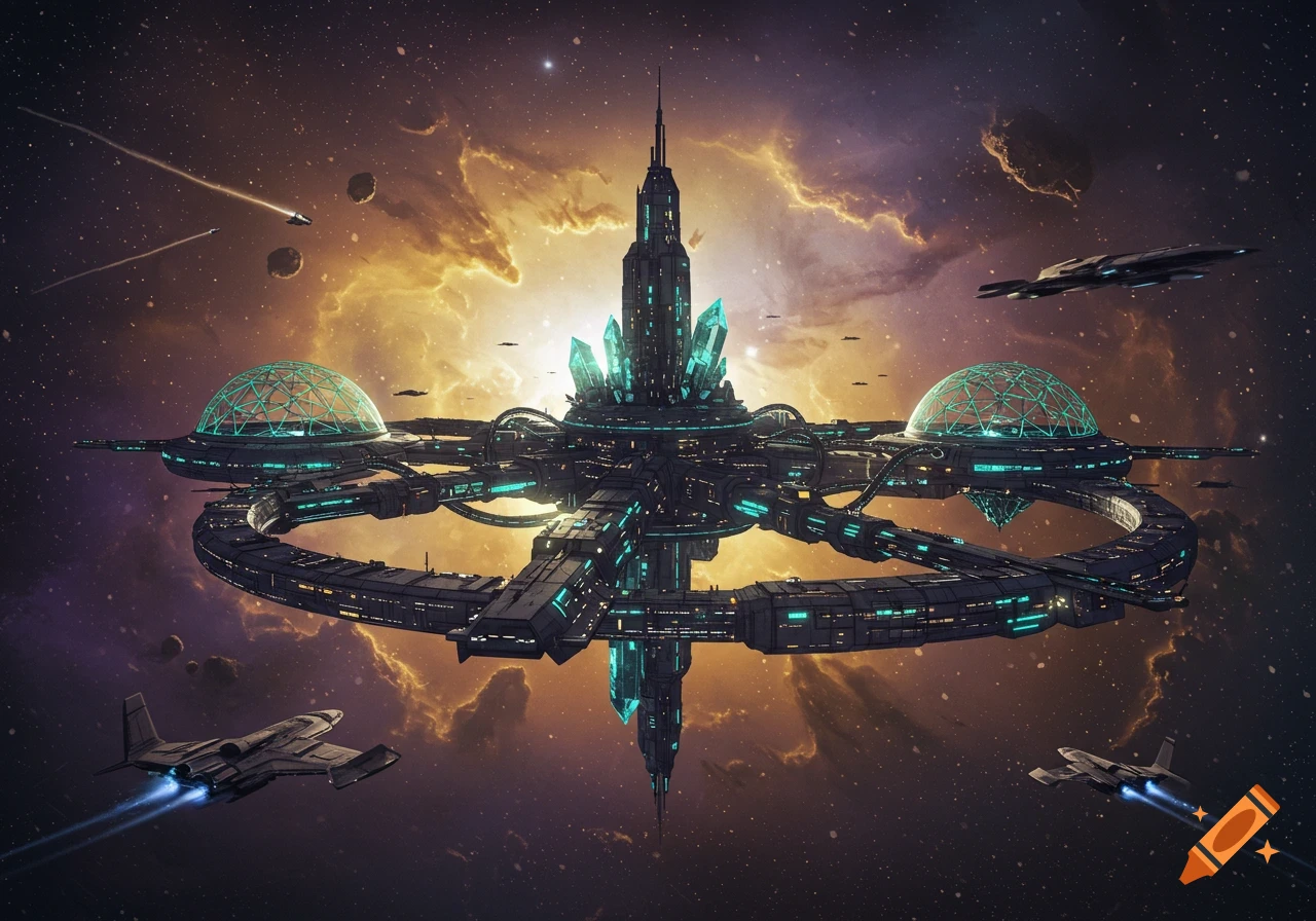 A large, intricate futuristic space station with glowing turquoise accents, surrounded by spaceships, against a vibrant orange and purple nebula in deep space.