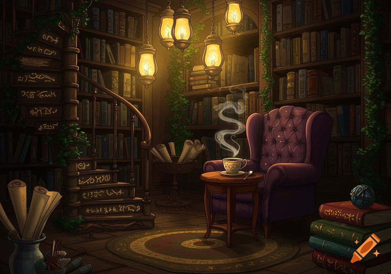 An enchanted library with a spiral staircase, glowing symbols, and a cozy purple armchair next to a steaming cup of tea.