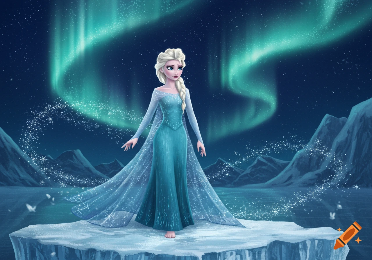 Elsa from Frozen stands on an ice floe under a vibrant green aurora borealis sky with mountains in the background, in an animated style.