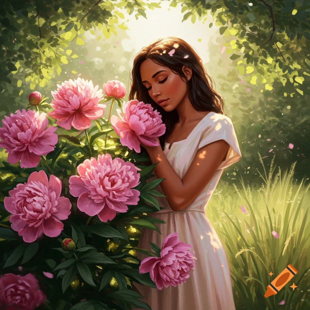 A woman with long dark hair, wearing a white dress, stands in a lush green garden, smelling a large pink peony. Sunlight filters through the trees.