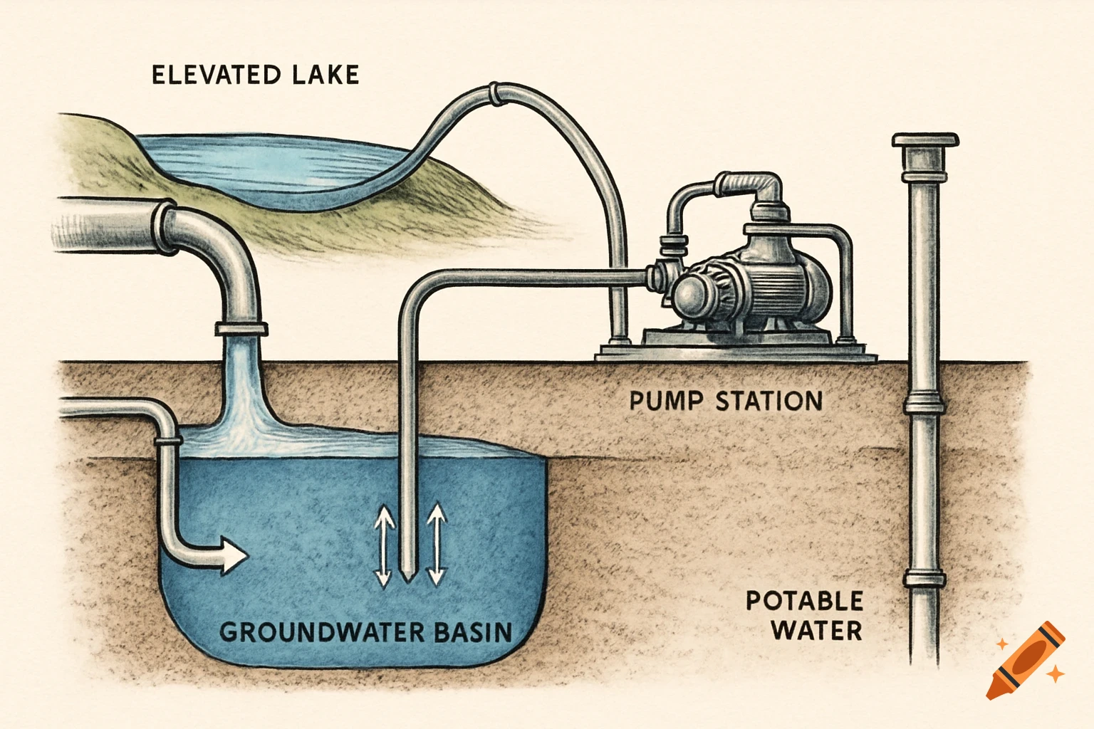 Diagram showing a water system with an elevated lake, pump station, groundwater basin, and pipes for water flow.