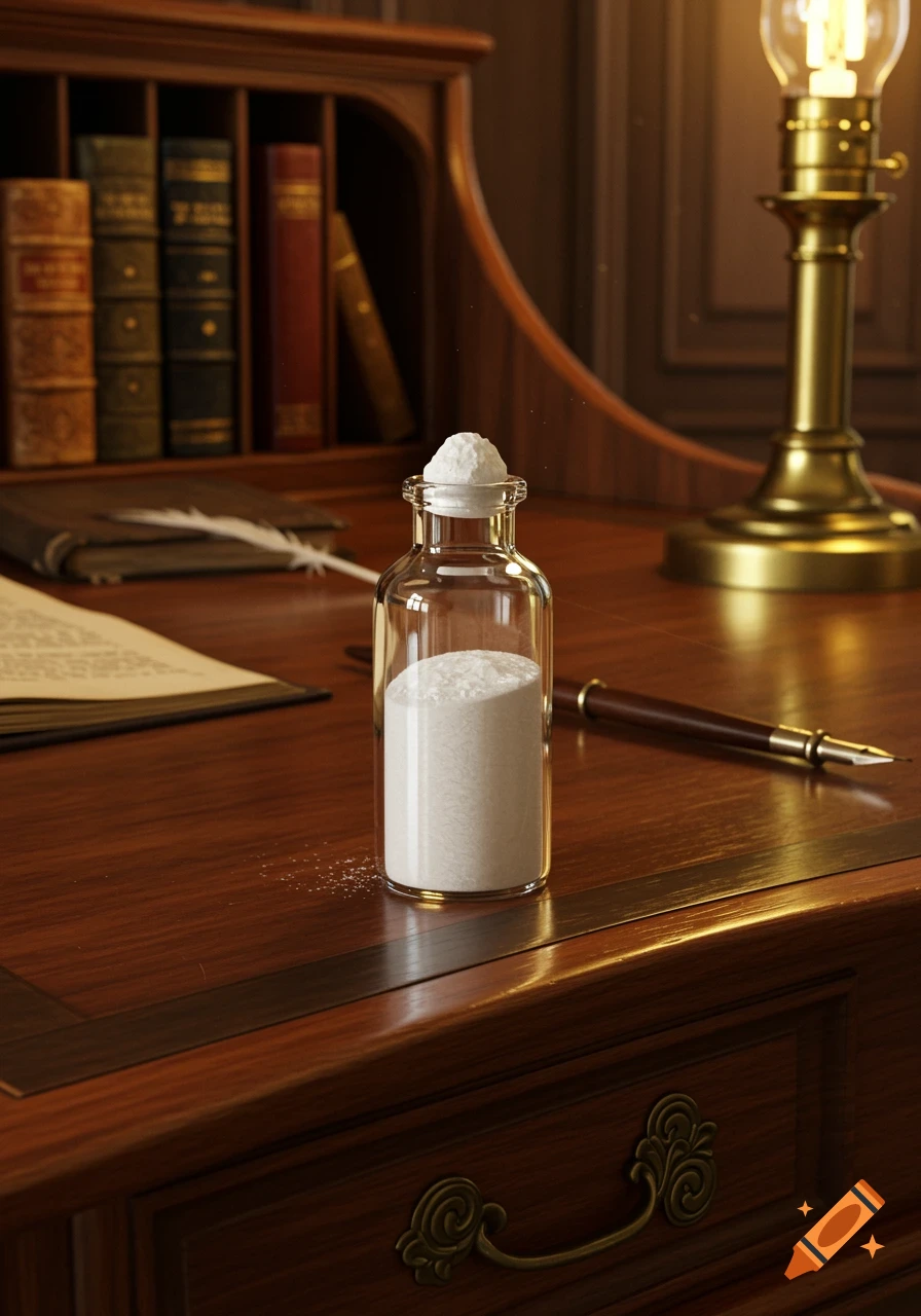 A small glass vial of white powder sits on an elegant, highly detailed 18th-century wooden desk, next to an open book, quill pen, and a lit brass lamp in a photorealistic style.