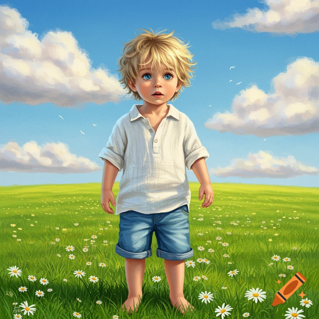 Illustration of a young boy with blonde hair and blue eyes standing barefoot in a sunny field of white daisies under a blue sky.