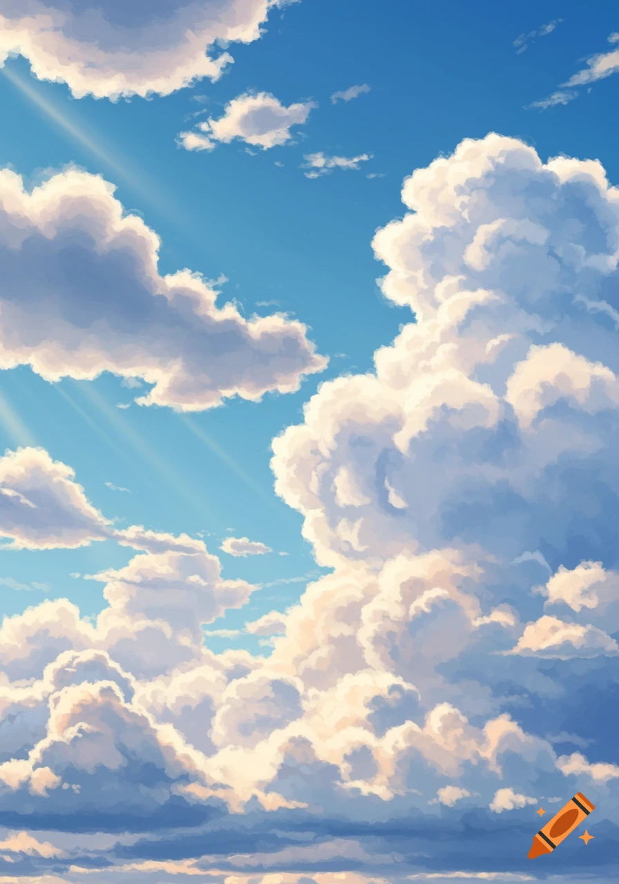 Blue sky filled with fluffy white and grey clouds, with sun rays breaking through.