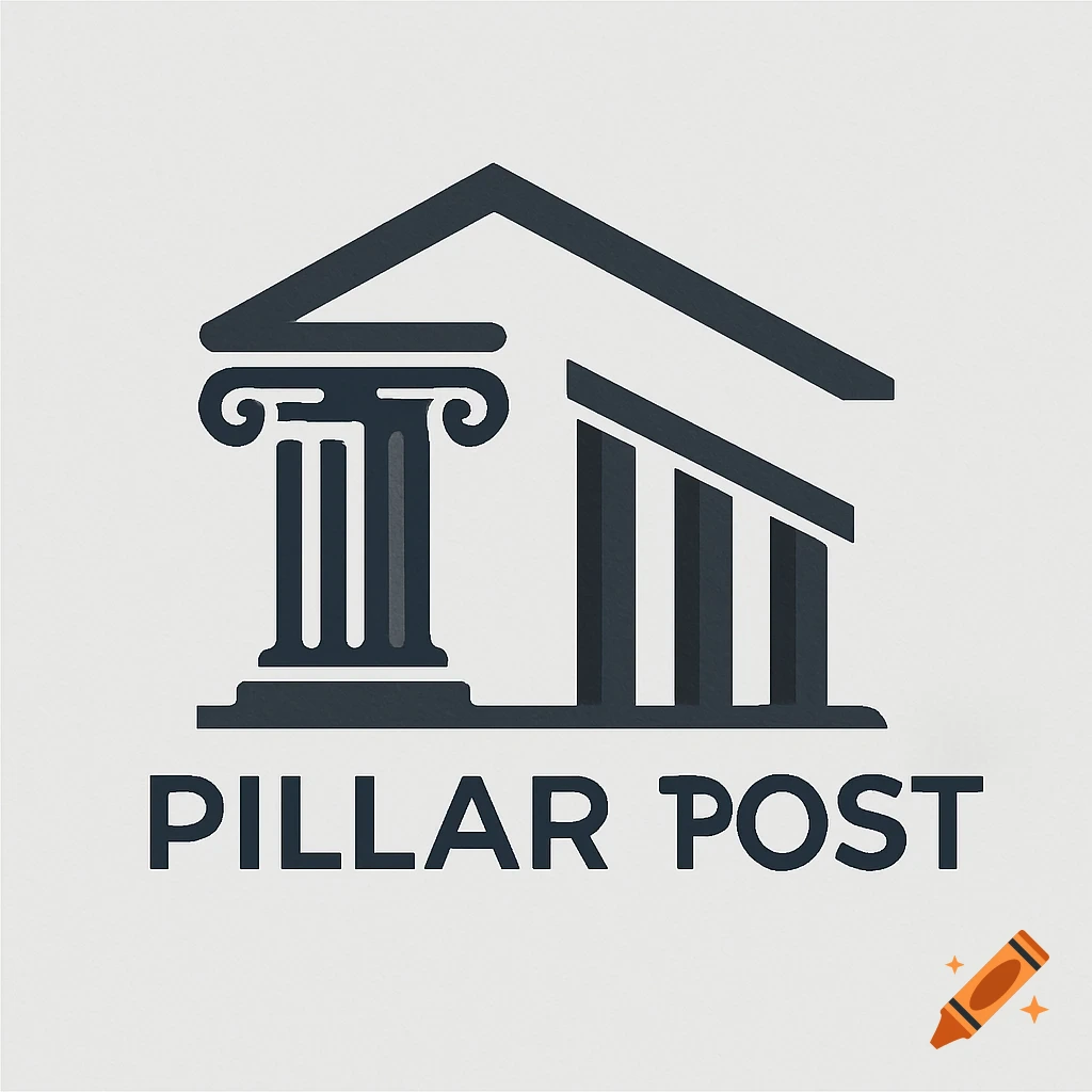 A minimalist logo featuring a classical pillar and abstract building structure in dark grey above the text 'PILLAR POST'.