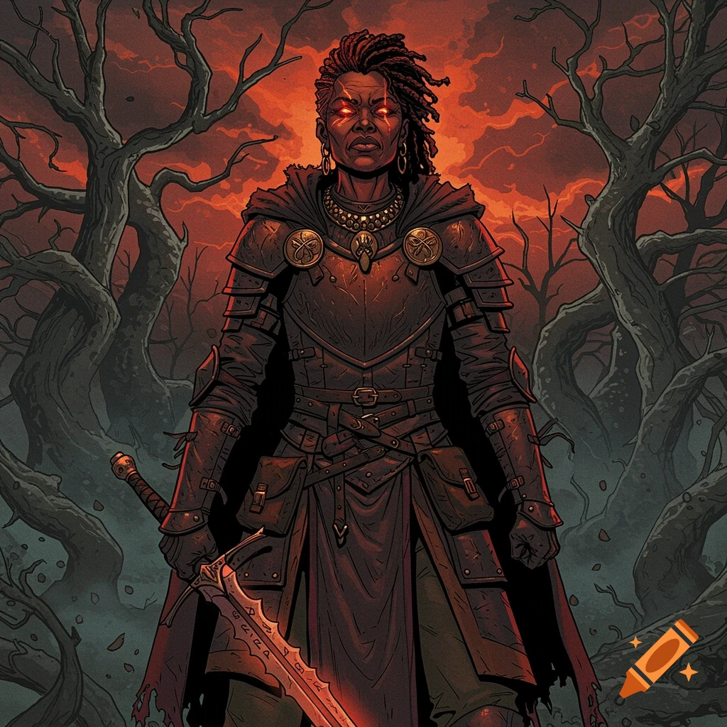A dark-skinned woman in black armor with glowing red eyes holds a magical sword against a dark, gnarled tree background under a fiery red sky, in a gritty comic book style.