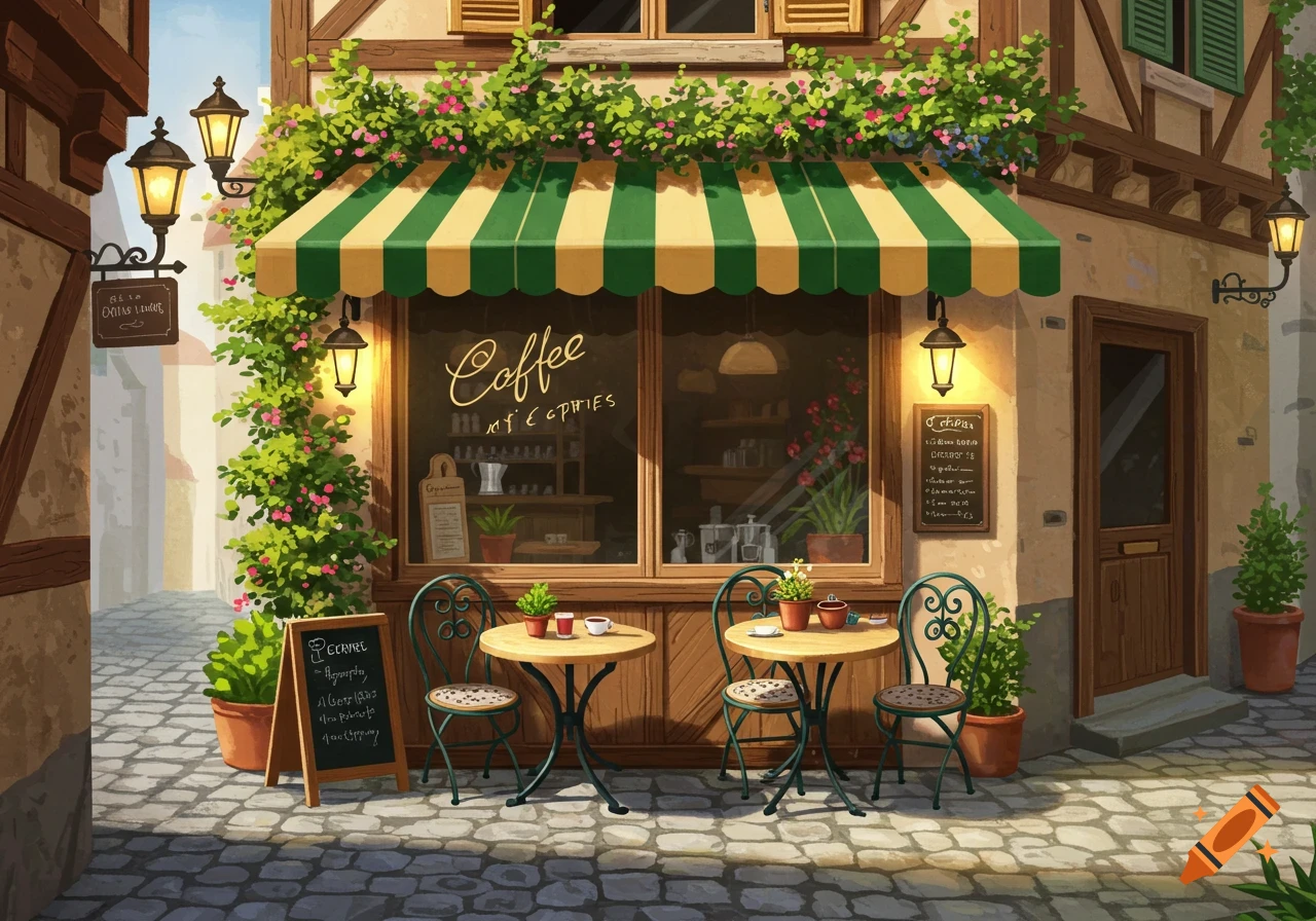 A charming, detailed illustration of an outdoor coffee shop with a green and yellow striped awning, tables, chairs, and potted plants on a cobblestone street.