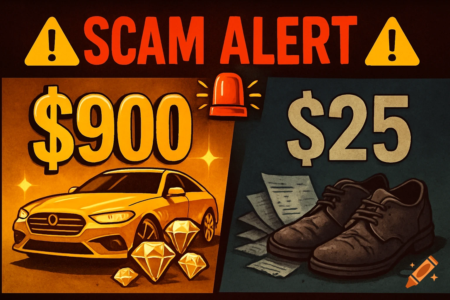 A graphic showing a 'SCAM ALERT' with a split image: a $900 dream of a yellow car and diamonds contrasted with the $25 reality of old shoes and papers.