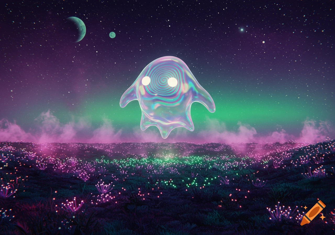 A colorful iridescent blob creature floats over a field of glowing plants under a starry purple and green cosmic sky with planets.
