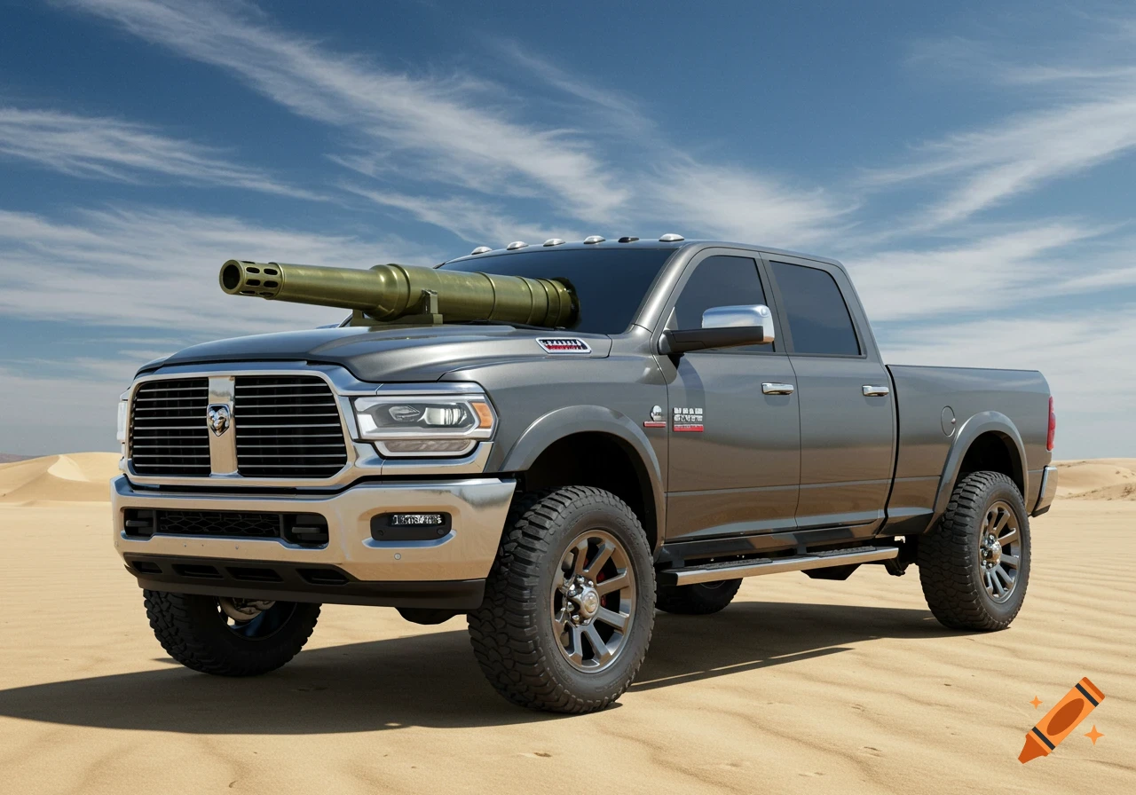 A gray Dodge Ram 2500 truck with a large barrel mounted on its hood, parked on sand dunes under a blue sky.