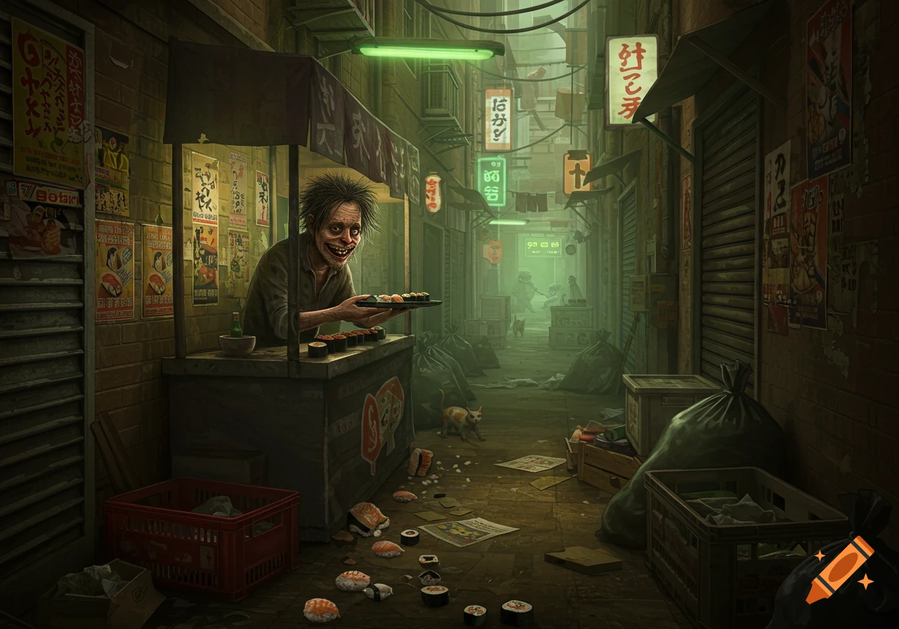 A grotesque man with a wide smile sells sushi from a stall in a dirty, neon-lit urban alley, with scattered sushi and garbage on the ground.