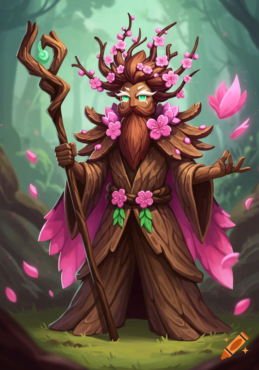 A cartoon forest guardian character with bark-textured robes, pink blossoms, glowing green eyes, and a staff, in the style of Cookie Run Kingdom.