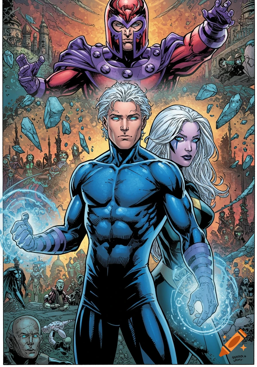 A comic book style image featuring Magneto hovering above, and in the foreground, a male and female with white hair standing with glowing blue energy.
