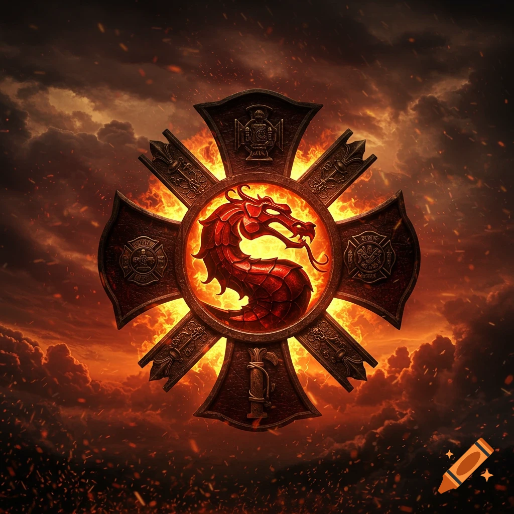 A stylized red dragon emblem glows in the center of a Maltese cross, surrounded by a fiery aura and set against a dark, stormy, fire-lit sky.