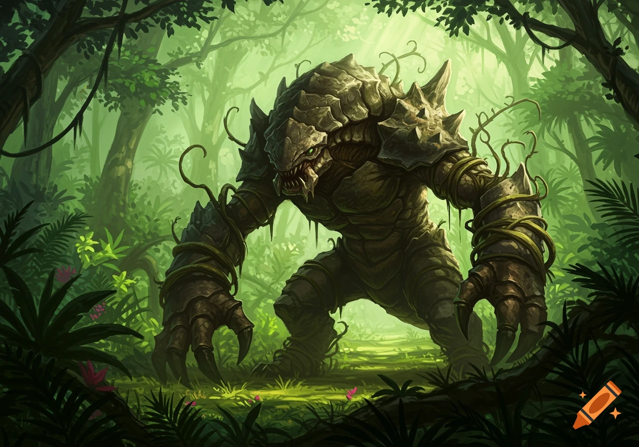 A large, spiky, rock-like monster with vine tendrils stands in a vibrant green jungle.