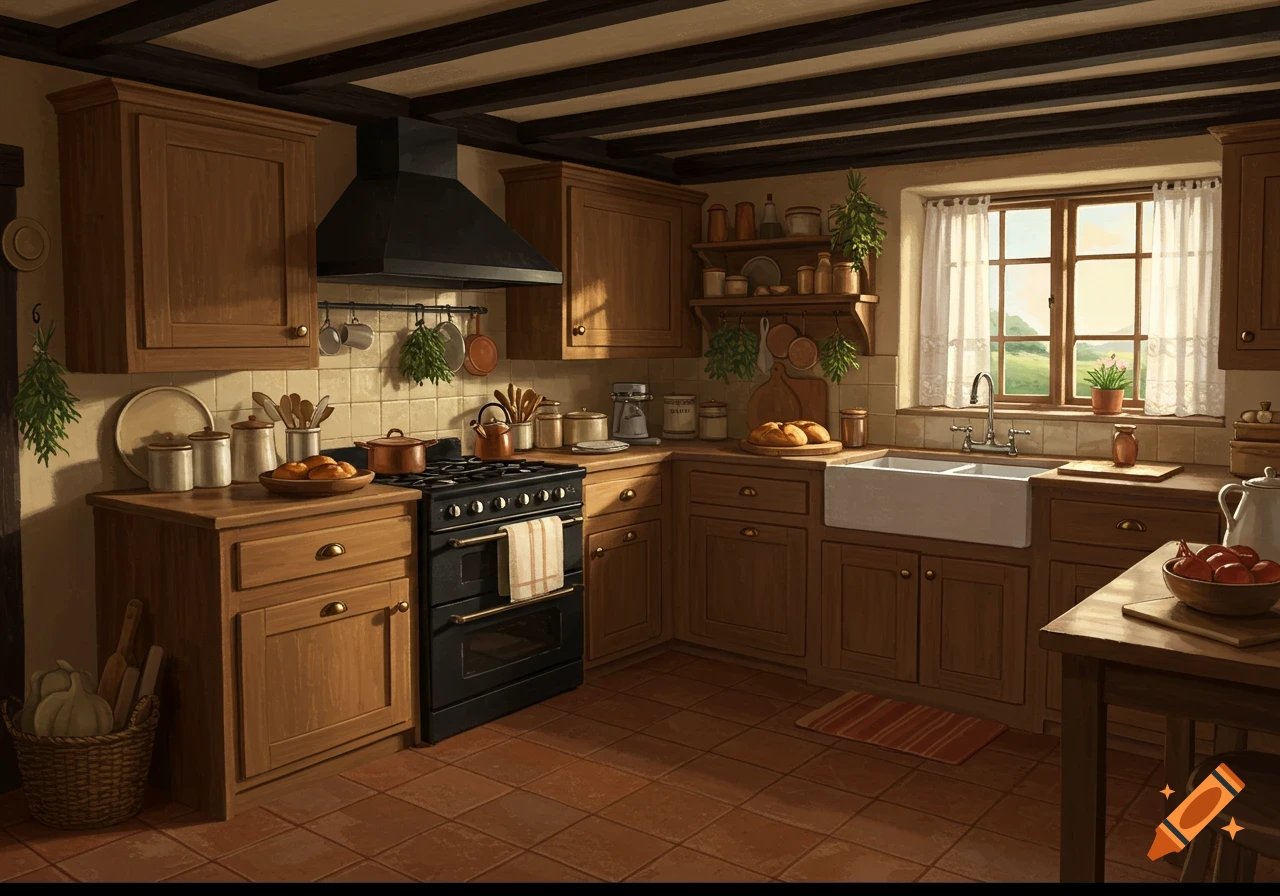 A cozy, rustic cottage kitchen with wooden cabinets, a black stove, terracotta tile floor, and a large window.