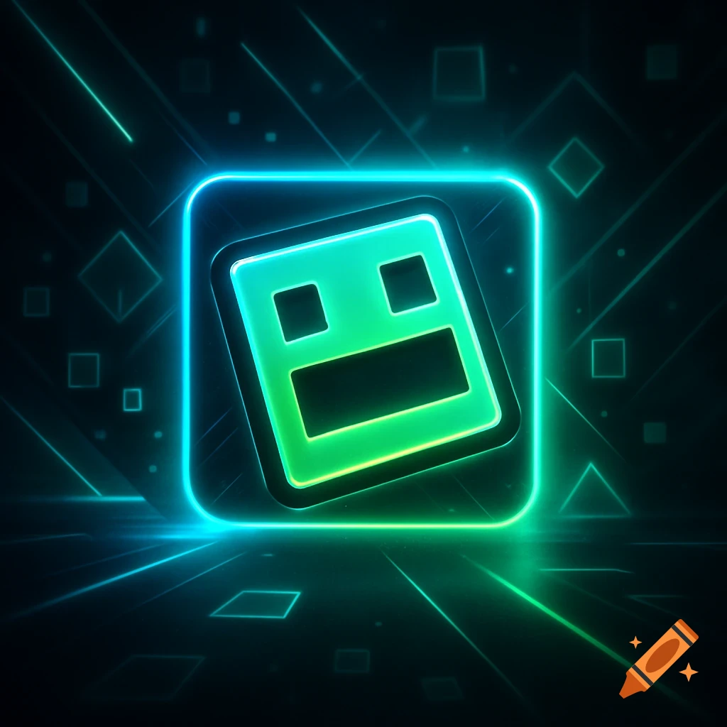 A glowing green square-shaped icon with two square eyes and a rectangular mouth, set against a dark background with neon blue and green geometric lines and shapes.