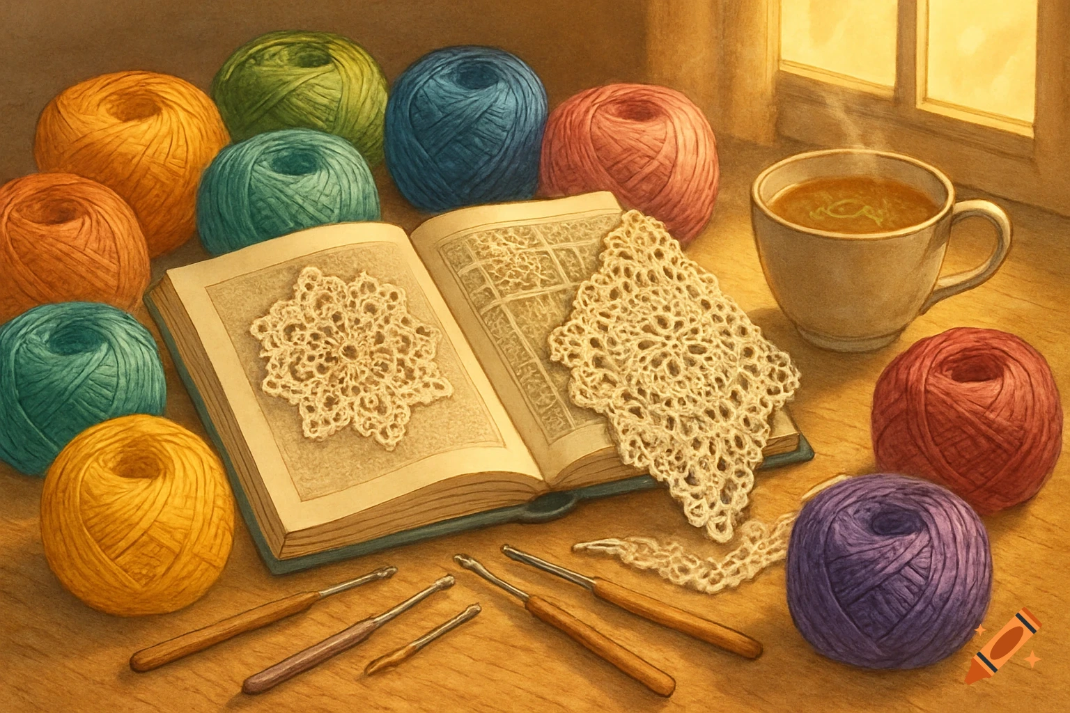 Still life of colorful yarn balls, crochet hooks, a steaming mug, and open book with crochet pieces on a wooden surface by a window.