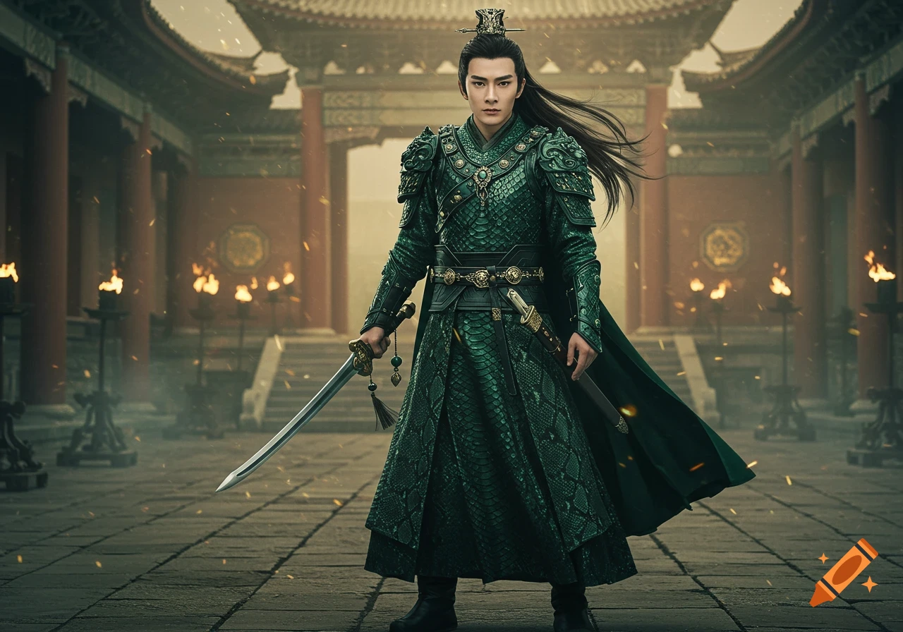 Photorealistic image of a Chinese nobleman in emerald armor holding a jian sword in a torch-lit palace courtyard.