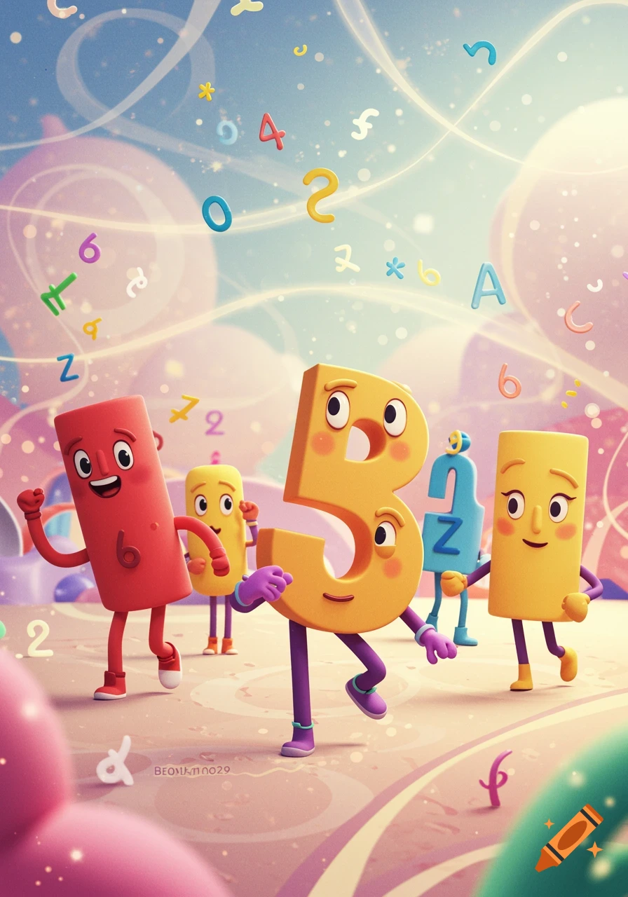 Colorful anthropomorphic numbers and letters with smiling faces are dancing in a whimsical, light-filled environment with more numbers floating around.