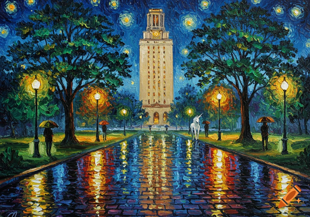 Van Gogh style painting of the UT Tower at night, streetlights reflecting on a wet path, people with umbrellas, and a white unicorn.