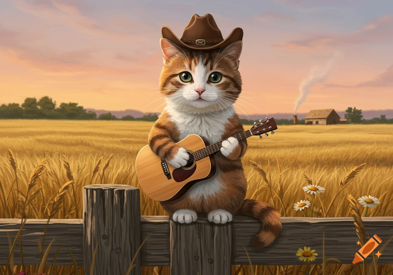 A cute tabby cat in a cowboy hat plays an acoustic guitar on a wooden fence in a wheat field at sunset.