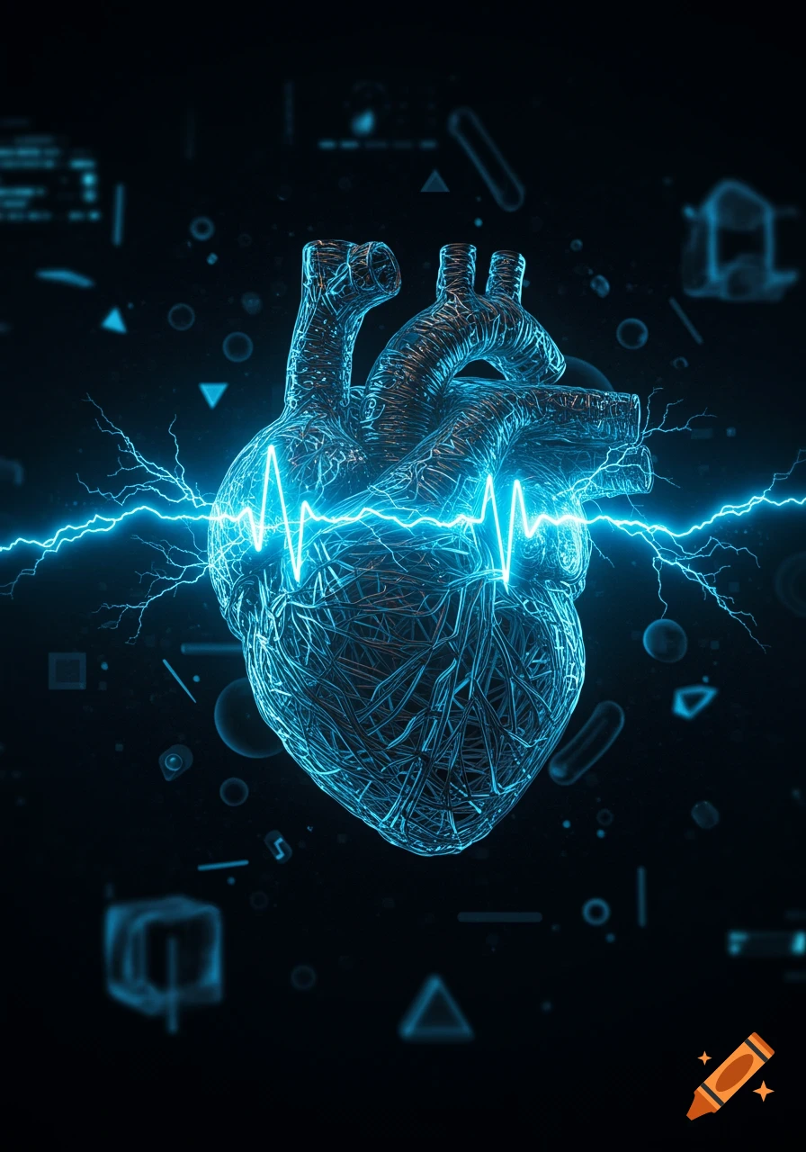 A stylized glowing blue human heart with an electric pulse line and lightning against a dark, abstract background.