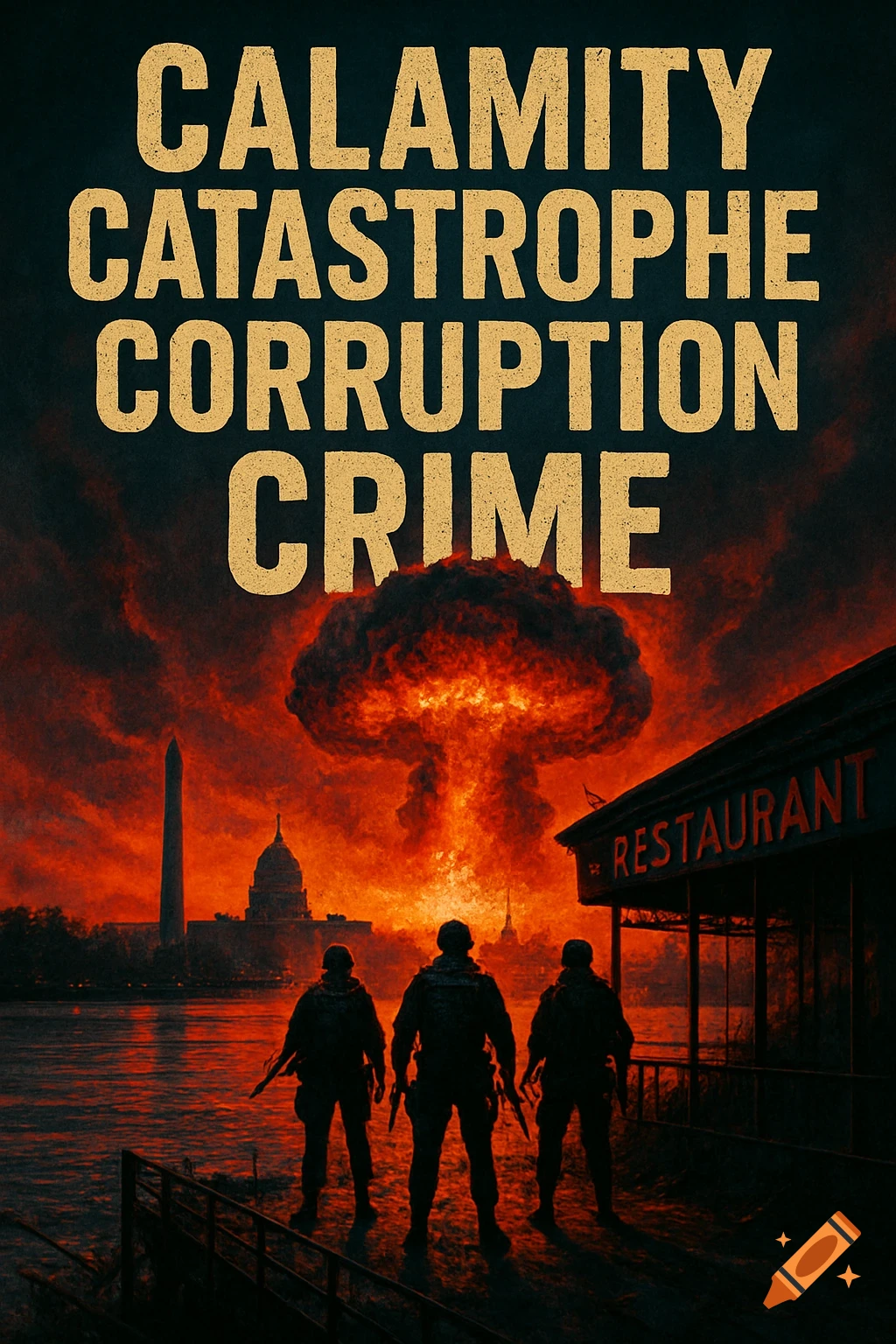 A gritty book cover showing the Washington D.C. skyline under a red sky with a massive mushroom cloud, as three armed figures stand by a river looking towards it. Text reads "CALAMITY CATASTROPHE CORRUPTION CRIME."