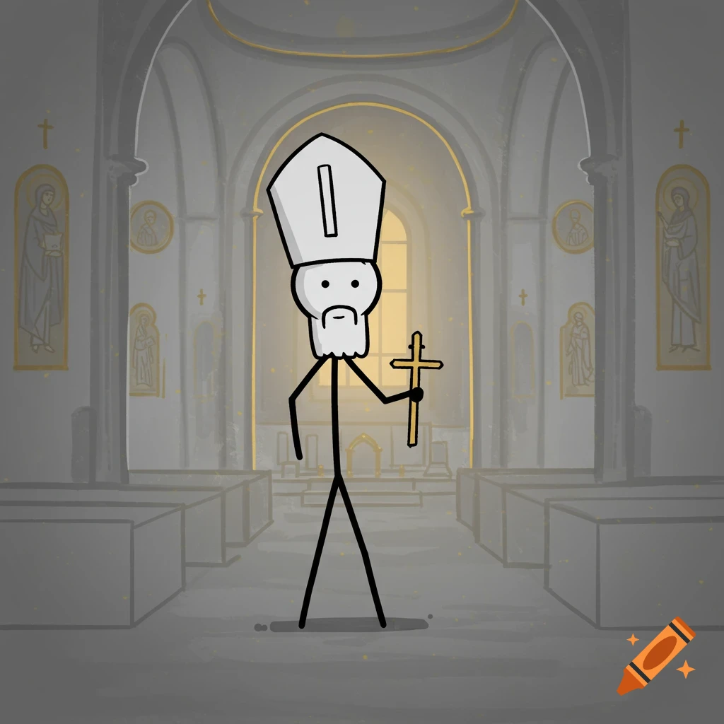 A stick figure priest holding a golden cross stands in a simple, stylized church with arched ceilings.