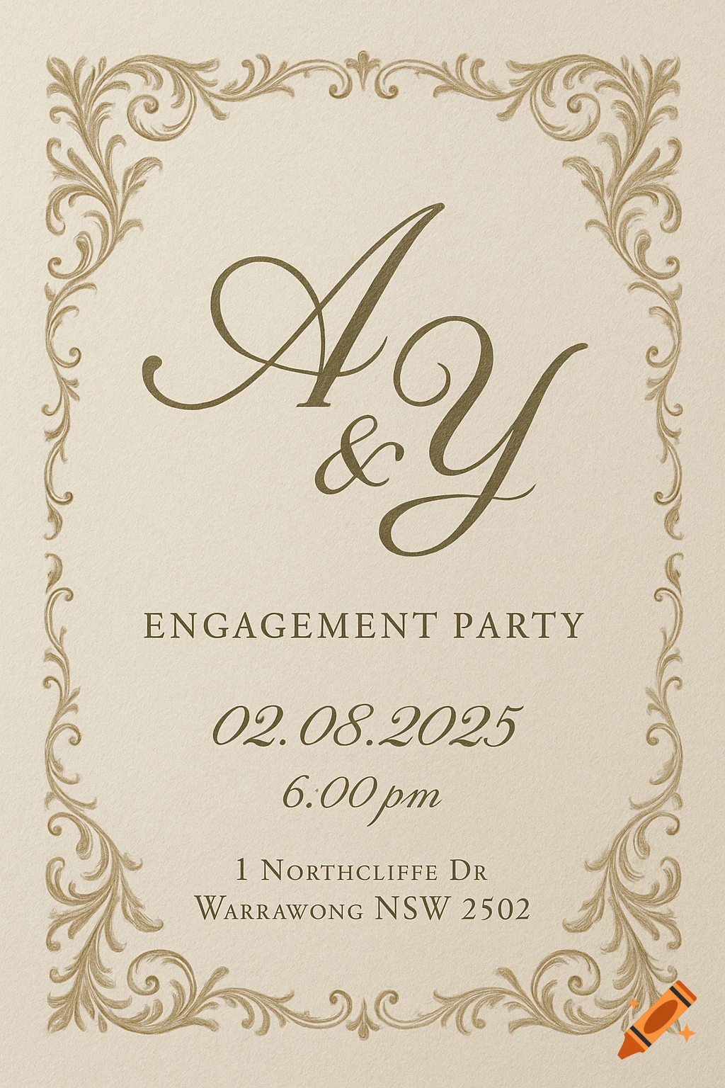 An elegant engagement party invitation card with 'A & Y' initials, event details, and an ornate gold border on a cream background.