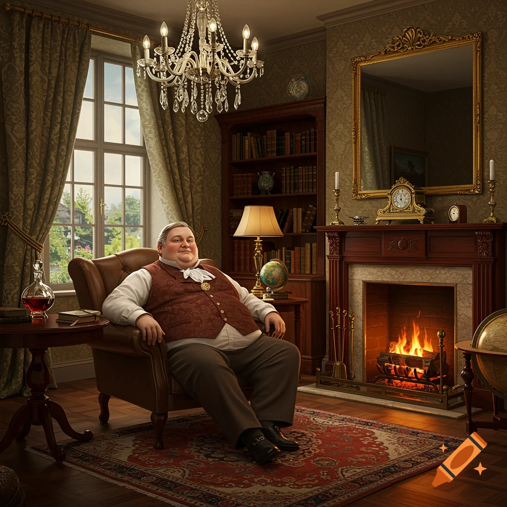 A portly Victorian man in a waistcoat sits comfortably in a luxurious living room with a fireplace and large windows.