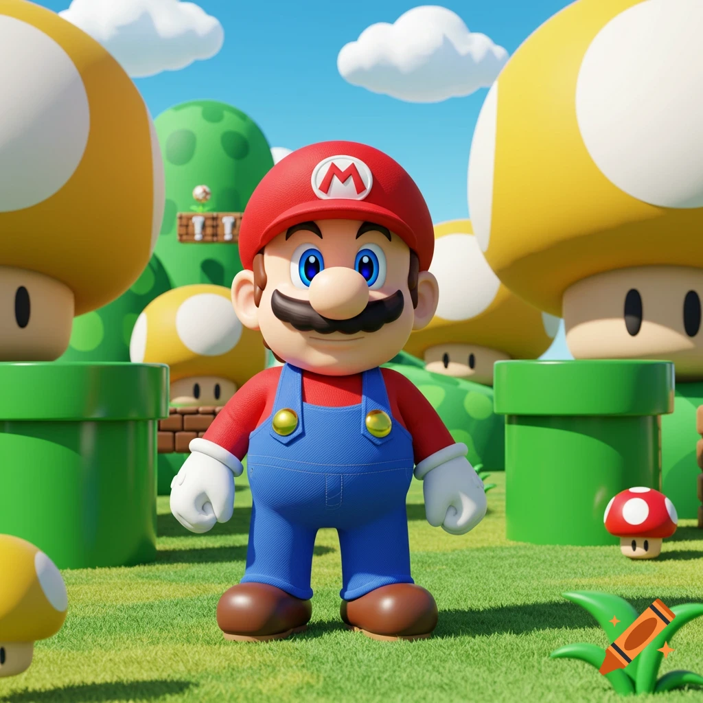 A 3D rendered Mario character with a mustache stands in a vibrant Super Mario Bros. landscape with large yellow mushrooms and green pipes.