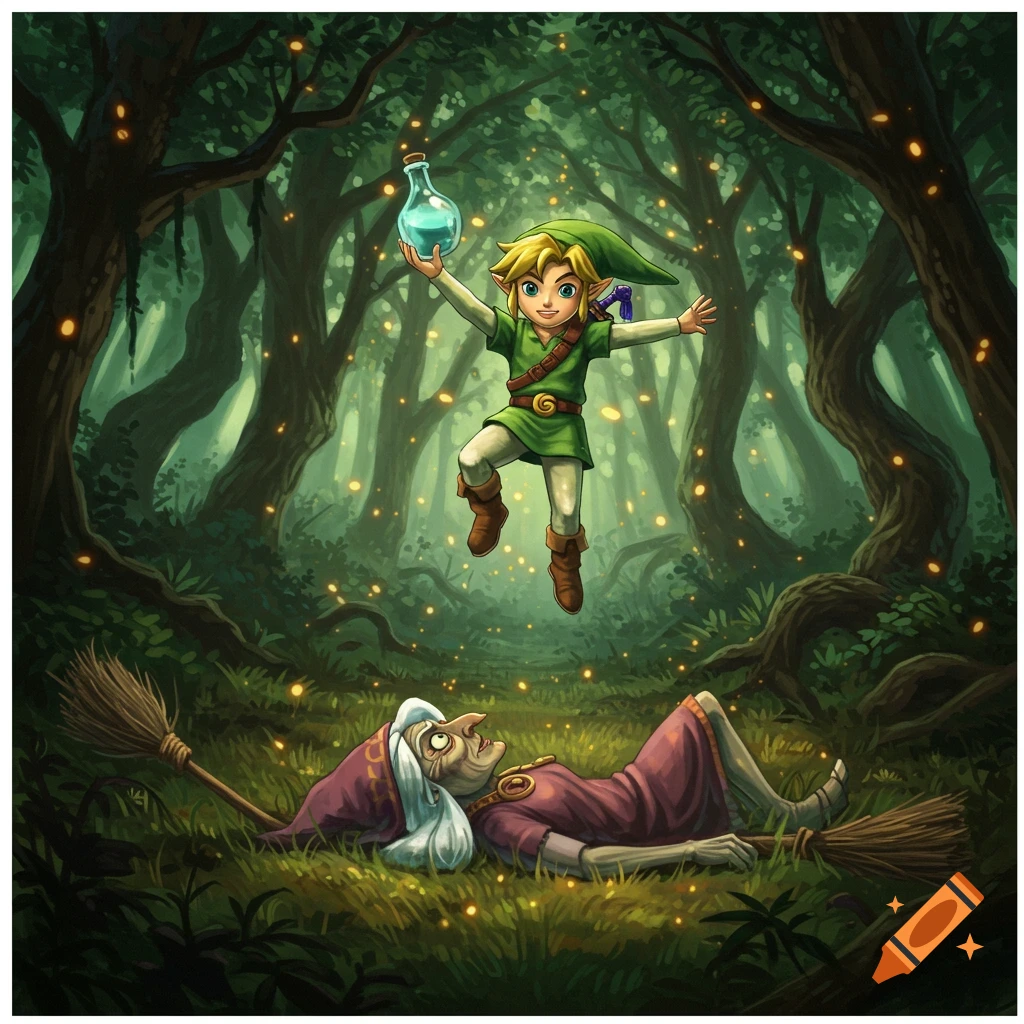 Young Link floats over the unconscious witch Koume in a glowing, ethereal forest.