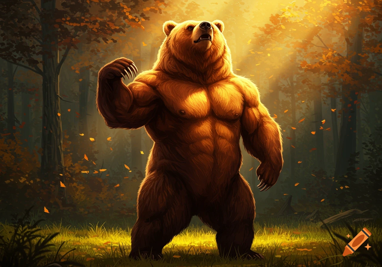 A muscular brown bear stands tall and flexes in a golden sunlit autumn forest with falling leaves, illustrated.