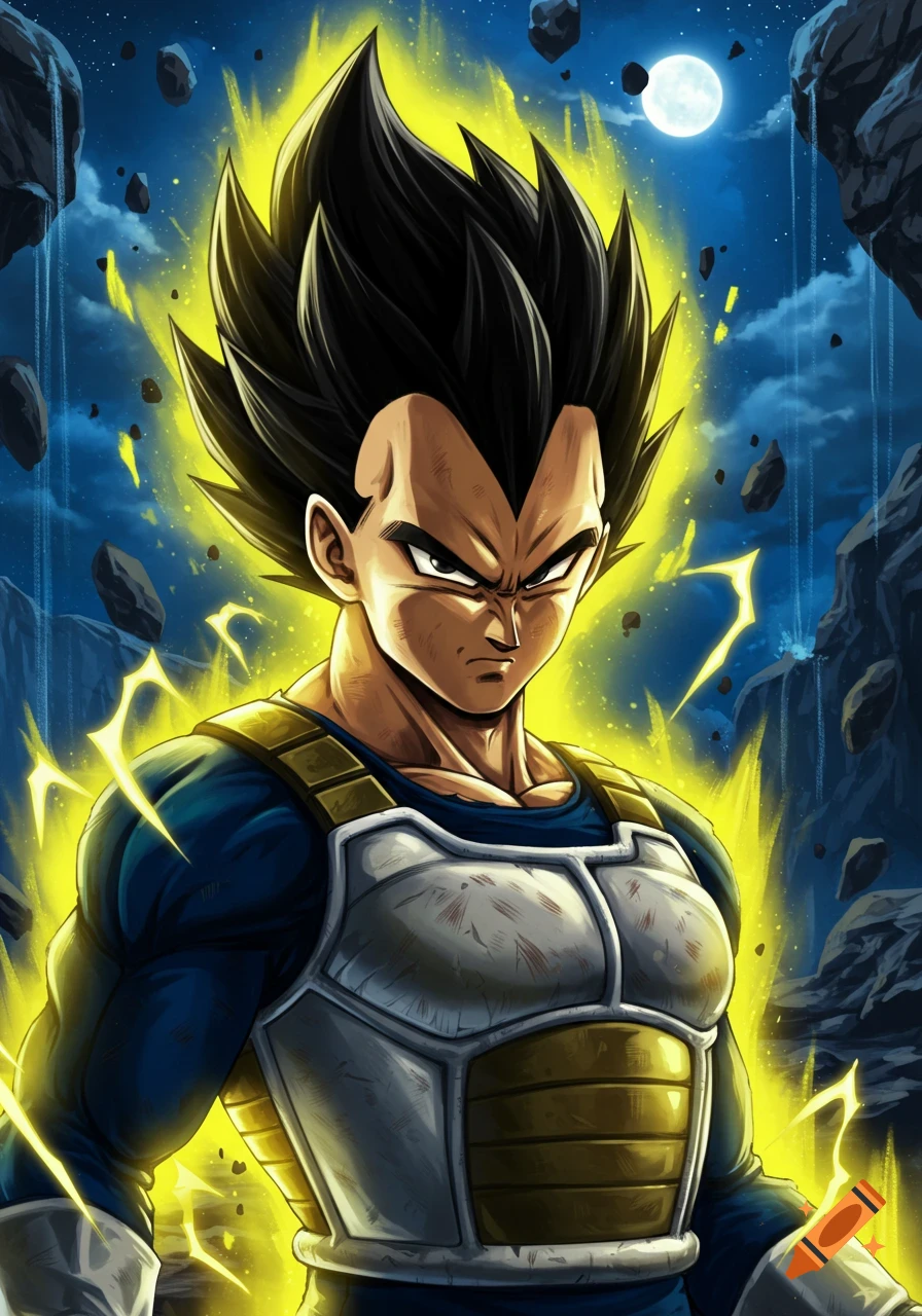 A powerful anime illustration of Vegeta from Dragon Ball Z, glowing with a vibrant yellow aura, in his Saiyan armor against a dark, rocky night sky with a full moon.