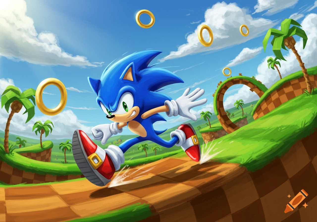 Sonic the Hedgehog runs through a vibrant Green Hill Zone, with golden rings, palm trees, and checkered paths under a blue sky.