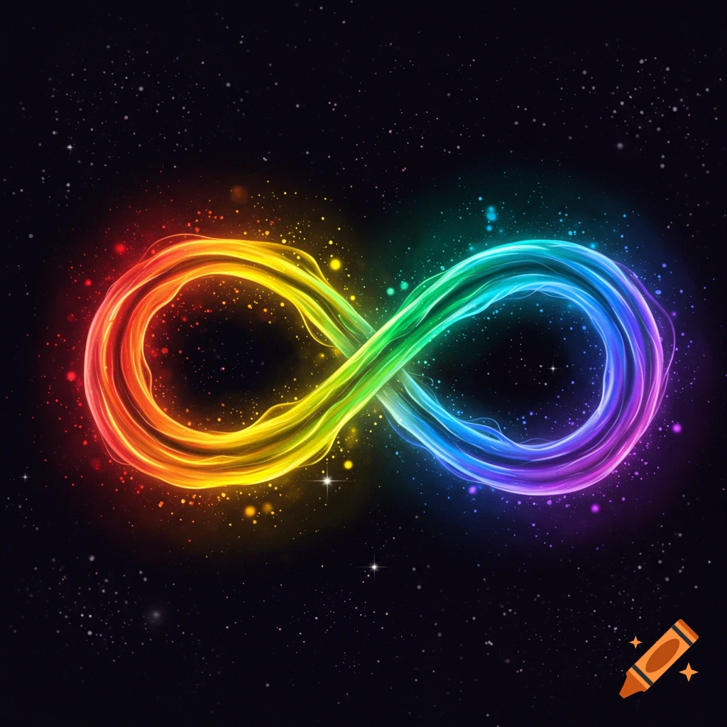 A vibrant glowing infinity symbol in rainbow colors, set against a dark, starry cosmic background with sparkling particles.