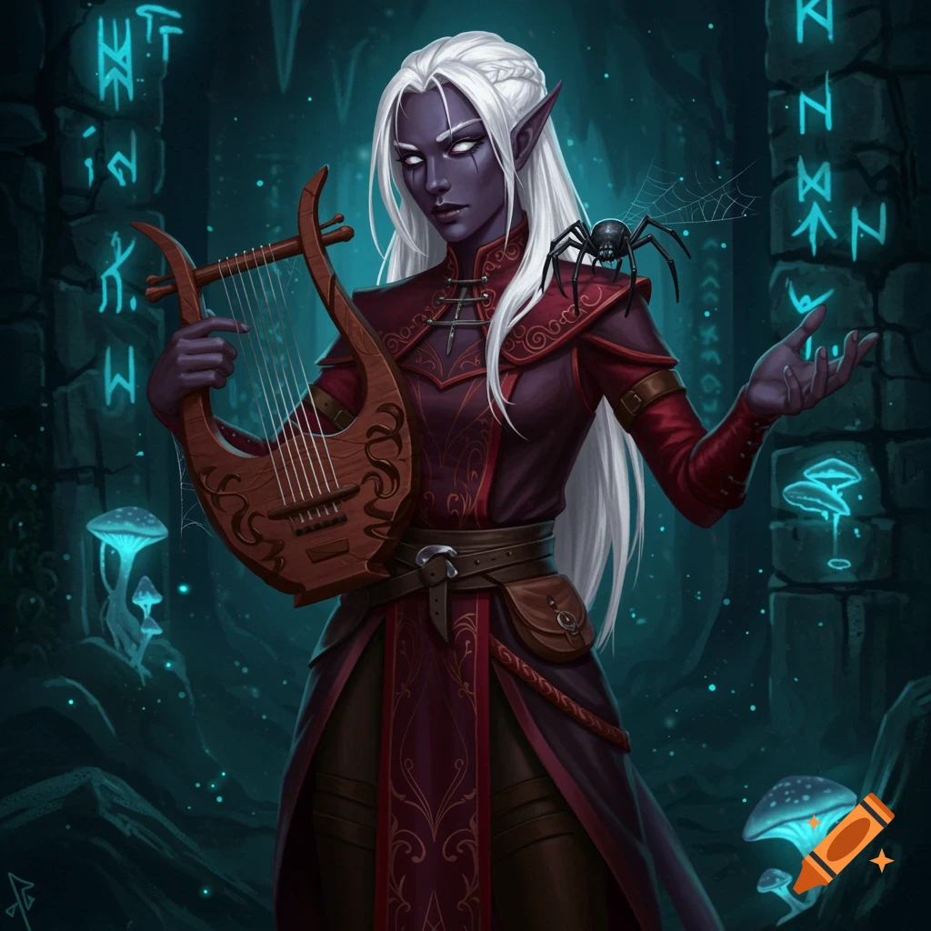 A beautiful Drow woman with white hair and purple skin holds a lyre in a mystical cave with glowing runes and mushrooms.